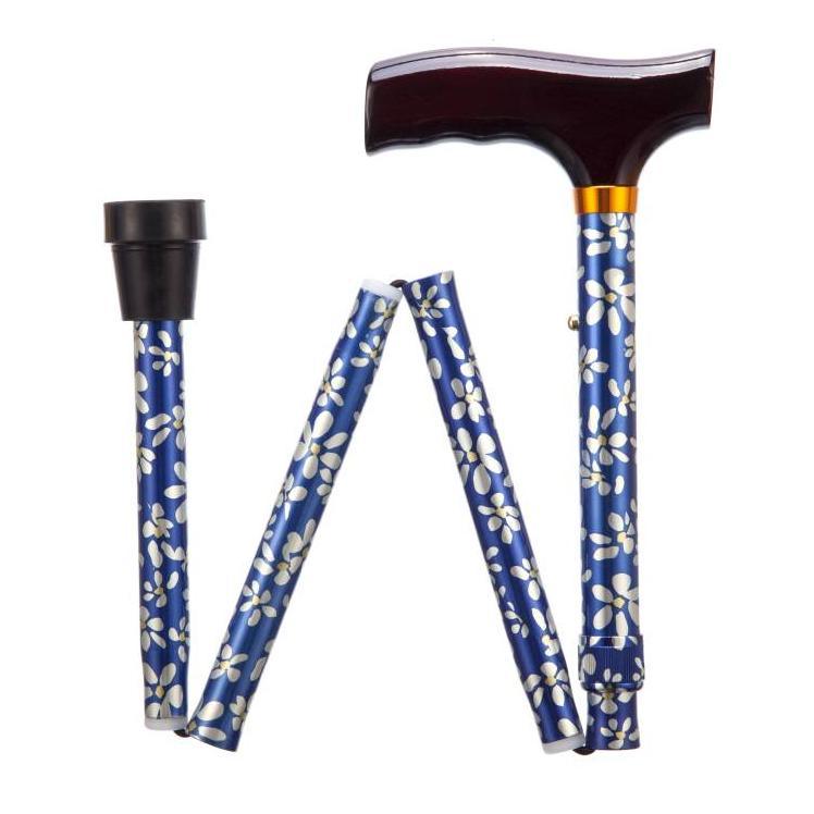 a blue and white cane with a wooden handle