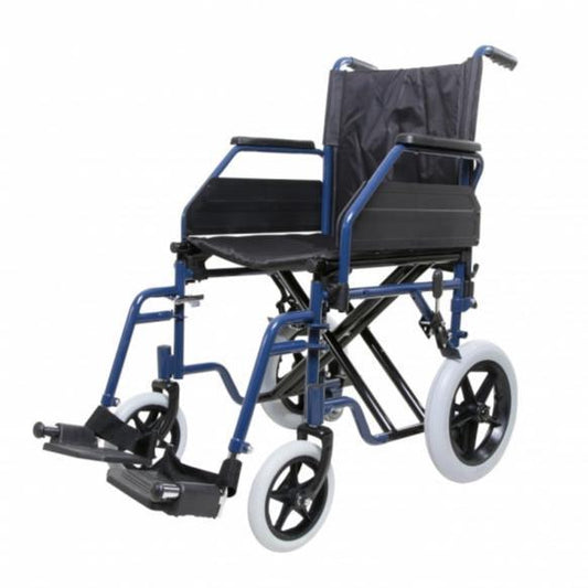 a blue wheel chair with a black seat