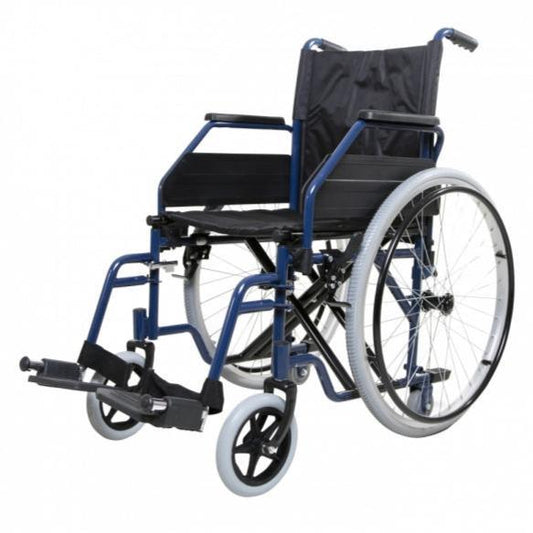 a blue wheelchair with wheels and a black seat